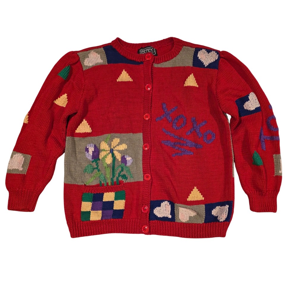 Vintage 80s Berek Marta D Cardigan Sweater M Red Pima Cotton Hand Knit Uruguay